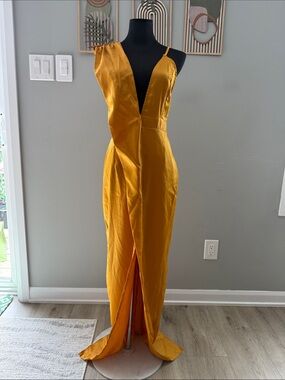 PrettyLittleThing One-Shoulder Satin Gown in Mustard